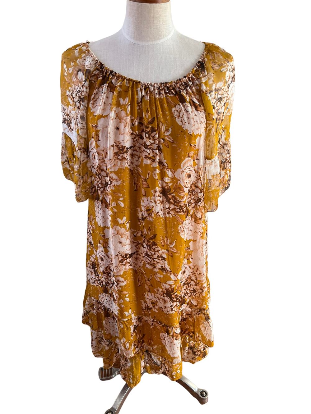 Italian Designer Flowy Silk Peasant Dress golden mustard Floral Print S